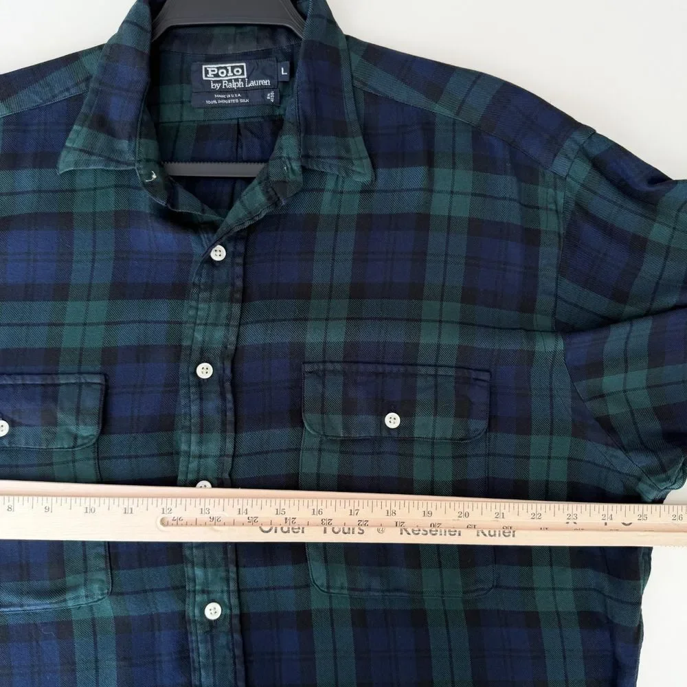 Ralph Lauren Shirt Mens Large Green Blue Tartan Blackwatch Silk Flannel USA Made
